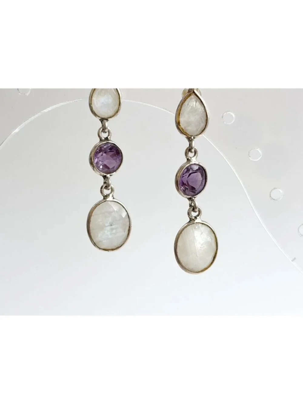 Moonstone & Amethyst Multi Gemstone Vintage Sterling Silver 925 Dangle Earrings